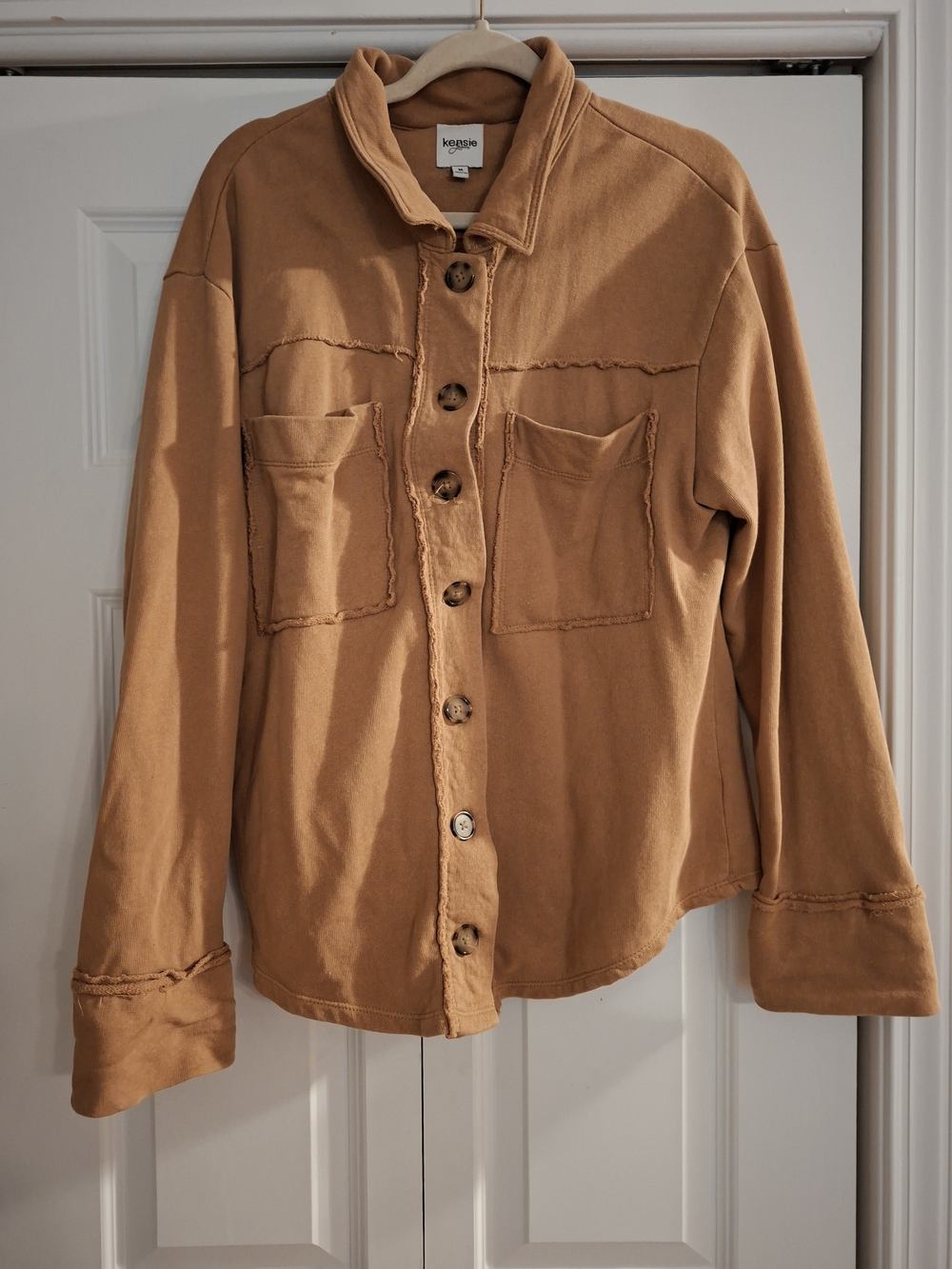 Kensie Jeans Caramel Brown Fleece Raw Edge Button Down Shacket, Size M